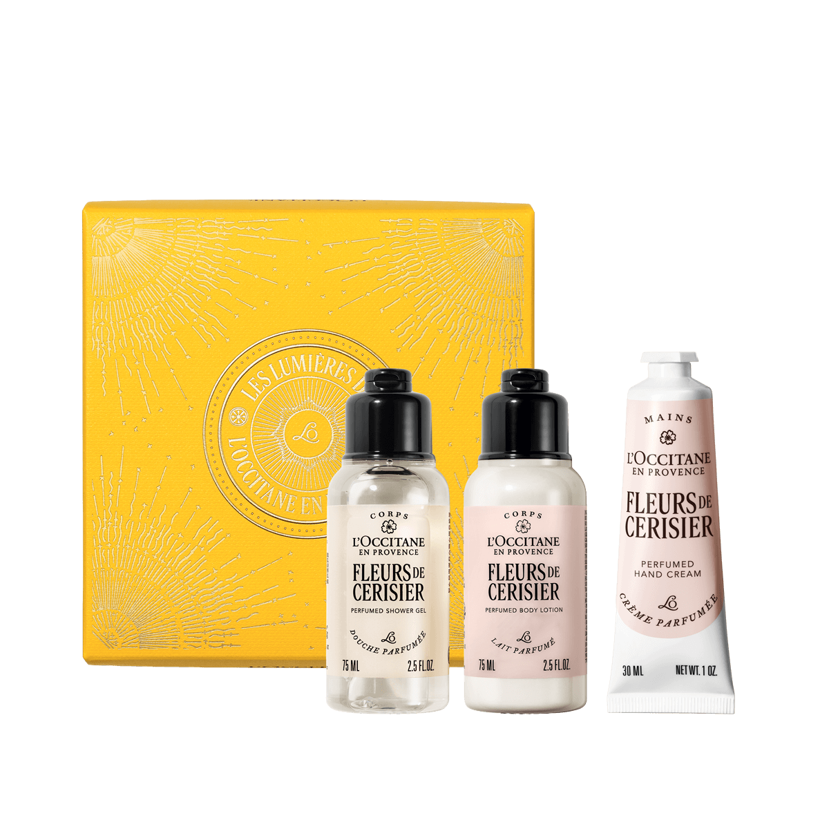 Mali darilni komplet Fleurs de Cerisier - prhanje, mleko za telo in nega rok L'Occitane