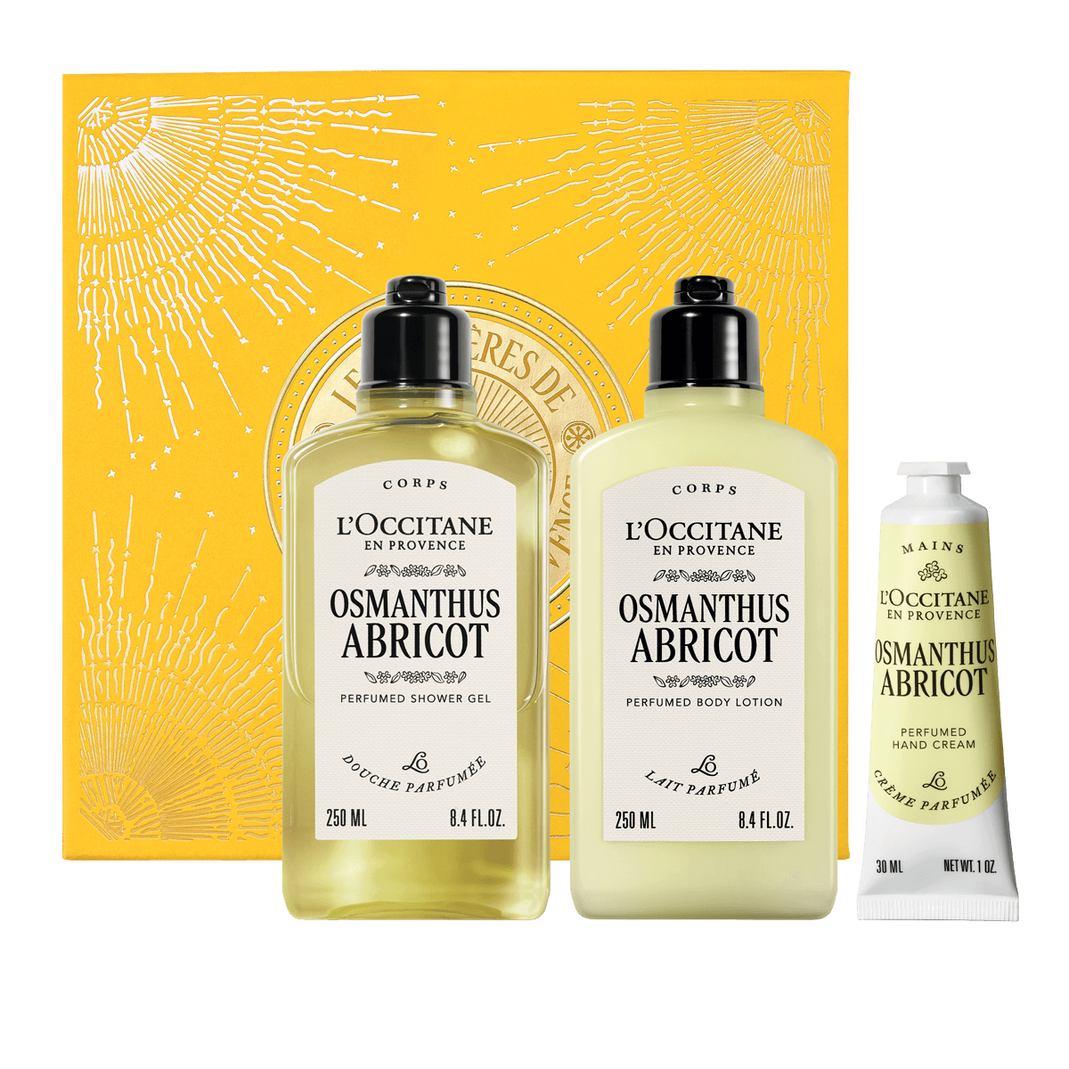 L'Occitane Darilni komplet Osmanthus Abricot - prhanje, mleko za telo in nega rok