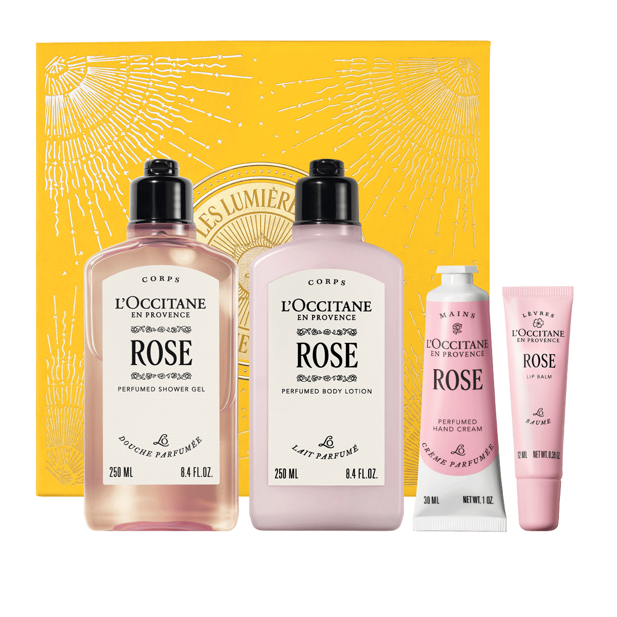 L'Occitane Darilni komplet Rose - prhanje, mleko za telo, nega rok in ustnic
