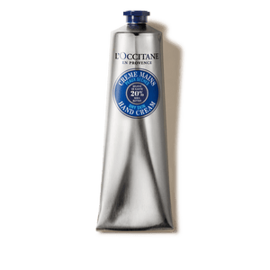 Krema za roke za suho kožo s karitejevim maslom L'Occitane - srebrna tuba in pokrovček modre barve 