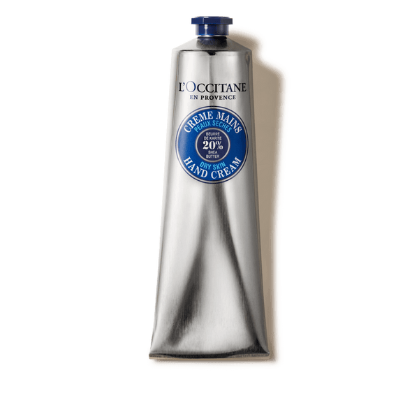 Krema za roke za suho kožo s karitejevim maslom L'Occitane - srebrna tuba in pokrovček modre barve 