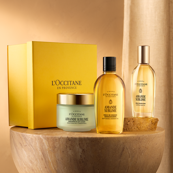 Izdelki Amande Sublime - L'Occitane z rumeo darilno škatlo na mizici