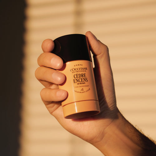 L’Occitane deodorant Cédrat v poletni kolekciji 2025, ki ga drži nekdo v roki.