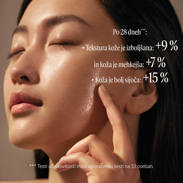 Ženska, ki kaže svetleče gladko lice. Napis statistike čez sliko. L’Occitane.