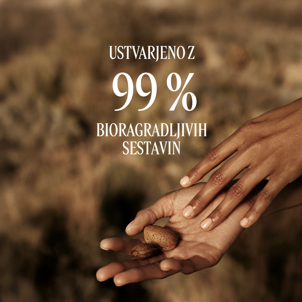 Roke, ki držijo mandljeve oreščke. Dodan je napis Amande Sublime - L'Occitane