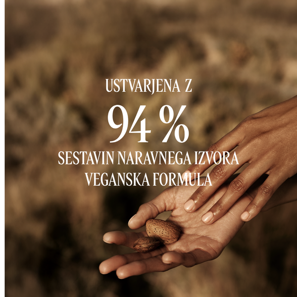Roke, ki držijo mandljeve oreščke. Dodana je statistika Amande Sublime - L'Occitane