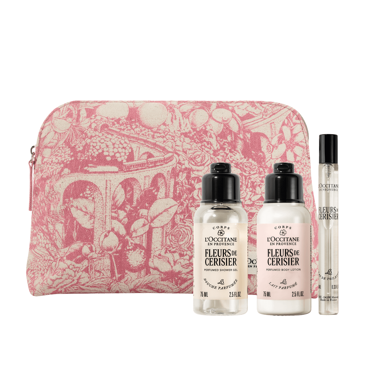 Darilni komplet Fleurs de Cerisier v torbici - prhanje, mleko za telo in dišava - L'Occitane