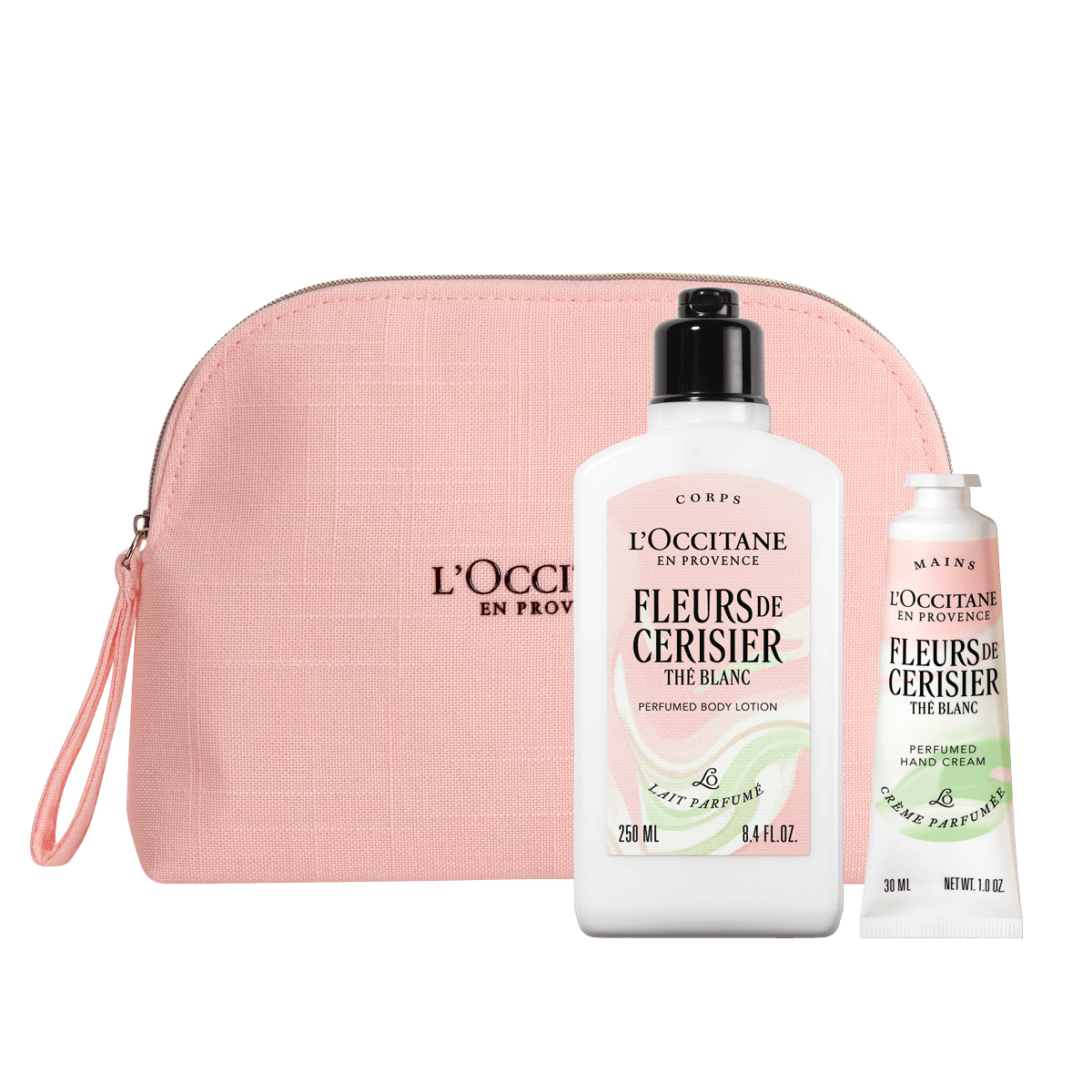 Darilni komplet Fleurs de Cerisier the Blanc v torbici - mleko za telo in nega rok - L'Occitane