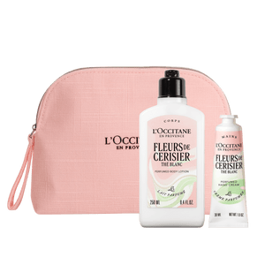 Darilni komplet Fleurs de Cerisier the Blanc v torbici - mleko za telo in nega rok - L'Occitane