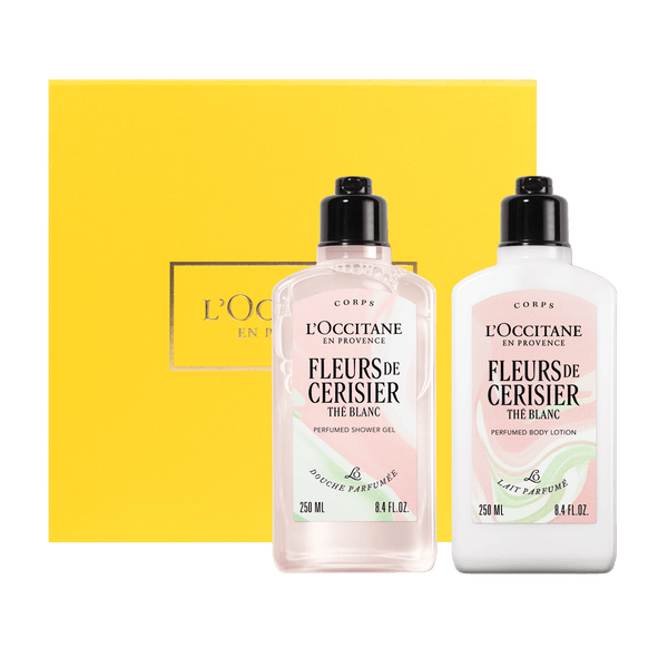 Darilni komplet Fleurs de Cerisier the Blanc – prhanje in mleko za telo - L'Occitane