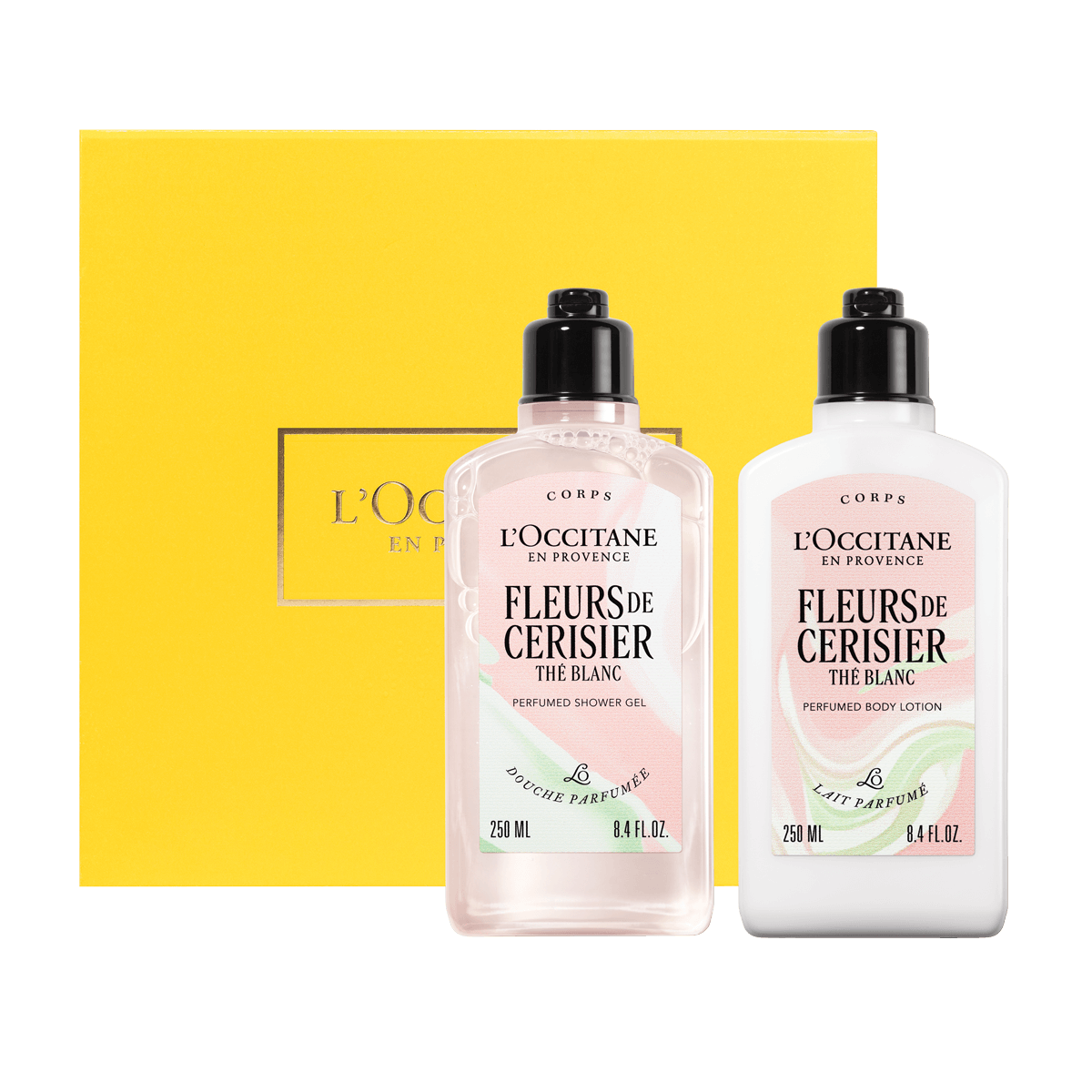 Darilni komplet Fleurs de Cerisier the Blanc – prhanje in mleko za telo - L'Occitane