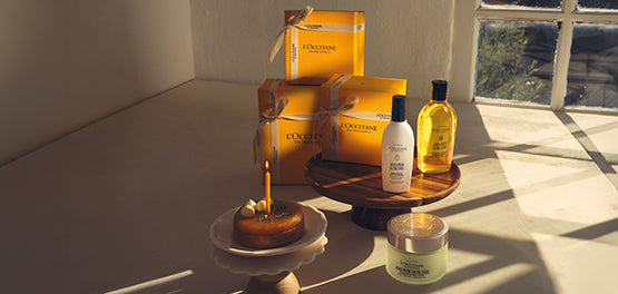 L’Occitane darilne škatle in darilne vrečke – v značilni L’Occitanovie rumeni barvi in s črnim logotipom 