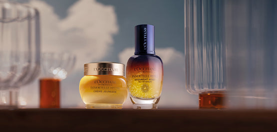 L’Occitanova ikonična izdelka za nego obraza: Božanska krema za obraz in Nočni serum Reset Immortelle 