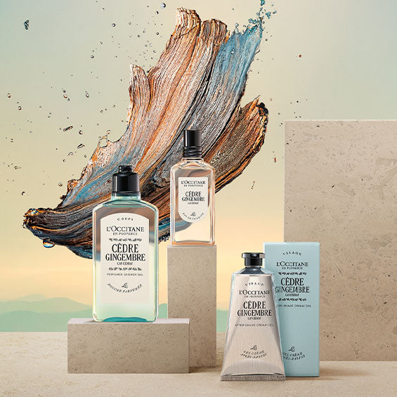L’Occitane kolekcija Cèdre Gingembre – Cap Cédrat za moško nego (britje, prhanje in dišava) 