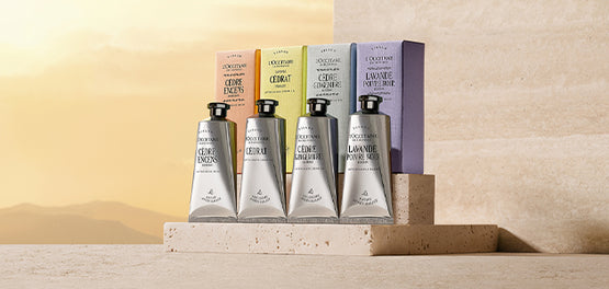 Moški balzami za nego po britju – srebrne tube in embalaže v različnih pastelnih barvah – L’Occitane 