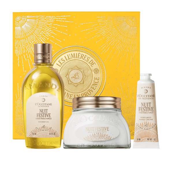 L'Occitane Darilni komplet Nuit Festive - prhanje, mleko za telo in nega rok