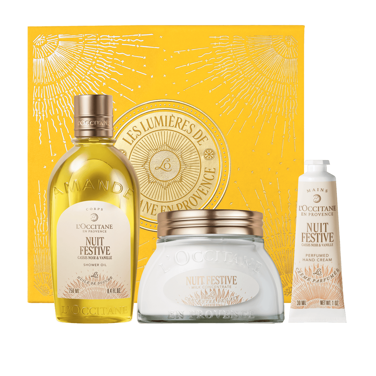 L'Occitane Darilni komplet Nuit Festive - prhanje, mleko za telo in nega rok