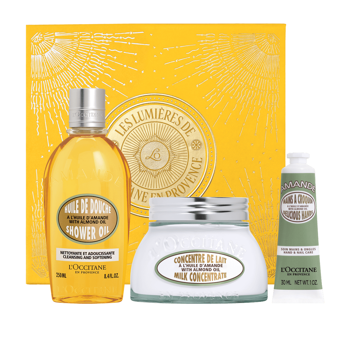 L'Occitane Darilni komplet Mandelj - prhanje, mleko za telo in krema za roke
