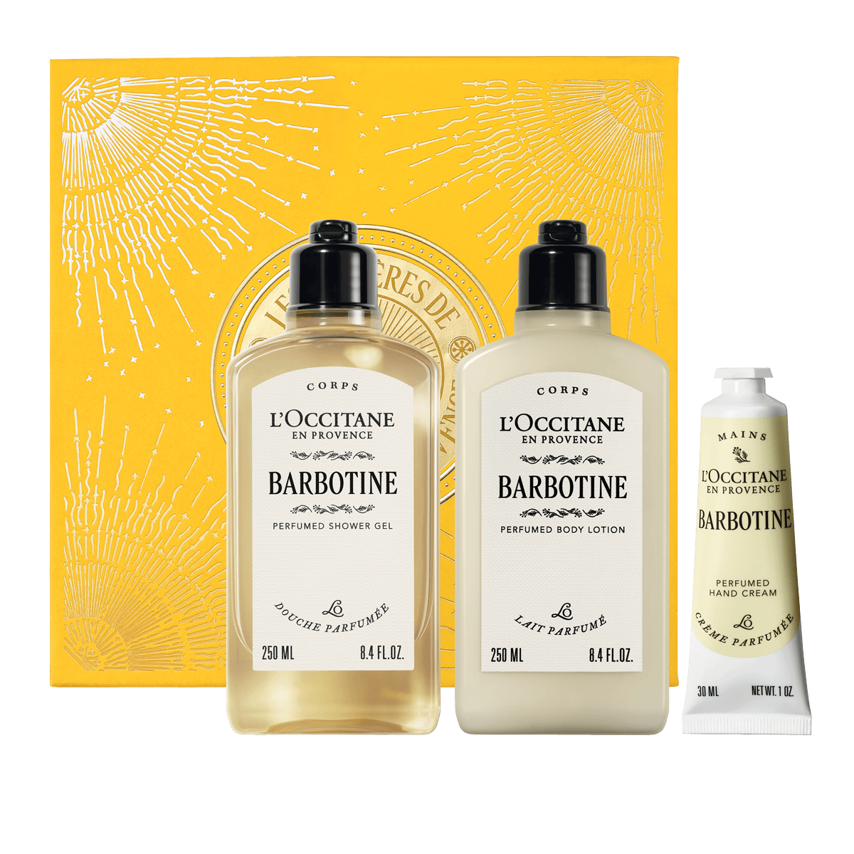 L'Occitane Darilni komplet Barbotine- prhanje, mleko za telo in nega rok 