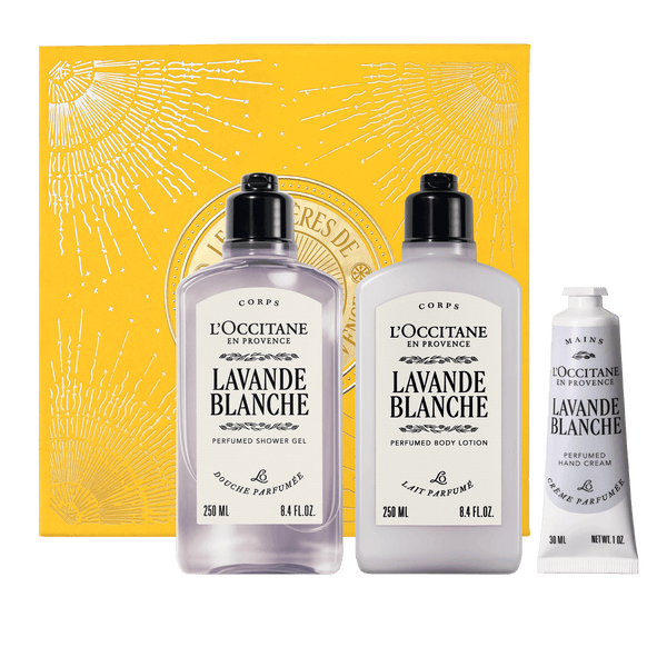 Darilni komplet Lavande Blanche L'Occitane - prhanje, mleko za telo in nega rok