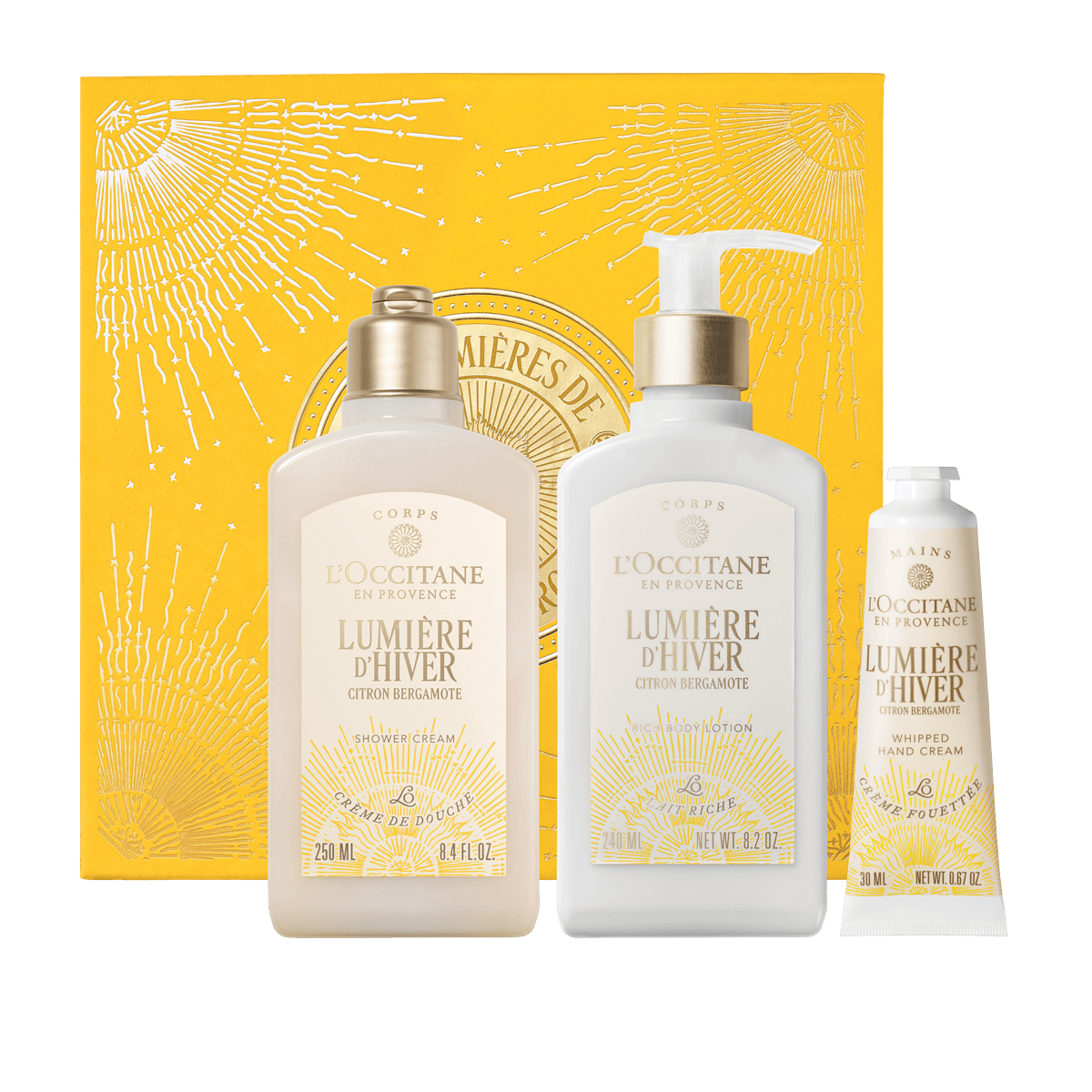 L'Occitane Darilni komplet Lumière d’Hiver - prhanje, mleko za telo in nega rok