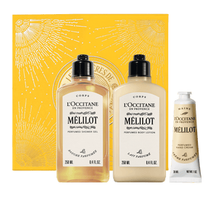 Darilni komplet Melilot L'Occitane - prhanje, mleko za telo in nega rok 