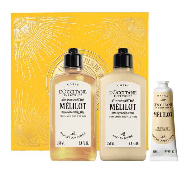 Darilni komplet Melilot L'Occitane - prhanje, mleko za telo in nega rok 