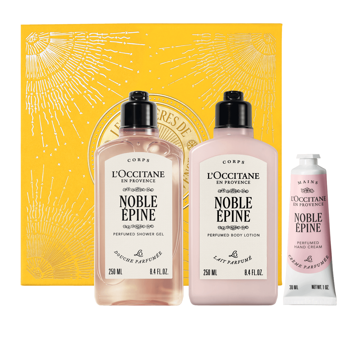 Darilni komplet Noble Épine - prhanje, mleko za telo in nega rok L'Occitane