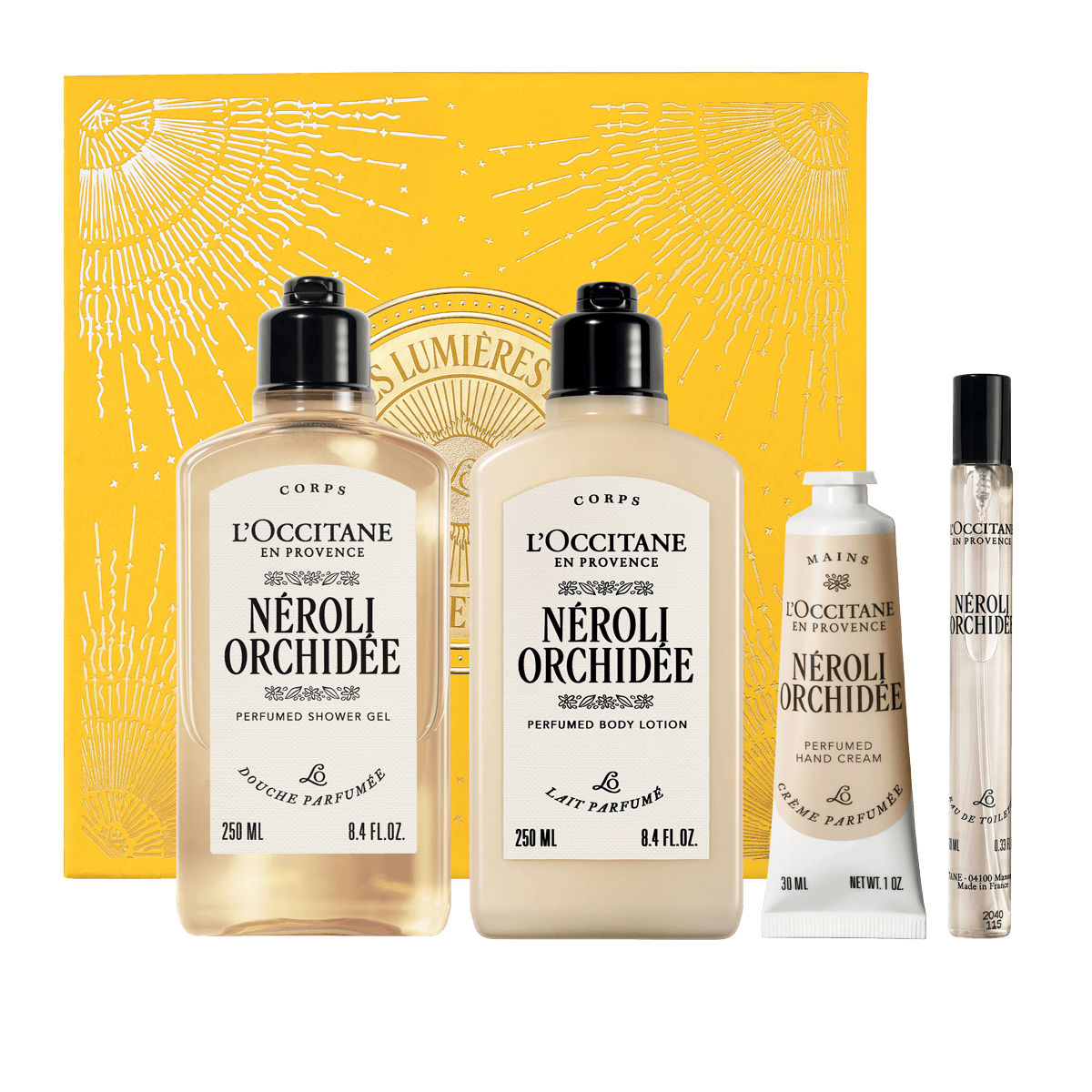 Darilni komplet Néroli Orchidée - prhanje, mleko za telo, nega rok in dišava L'Occitane