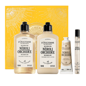 Darilni komplet Néroli Orchidée - prhanje, mleko za telo, nega rok in dišava L'Occitane