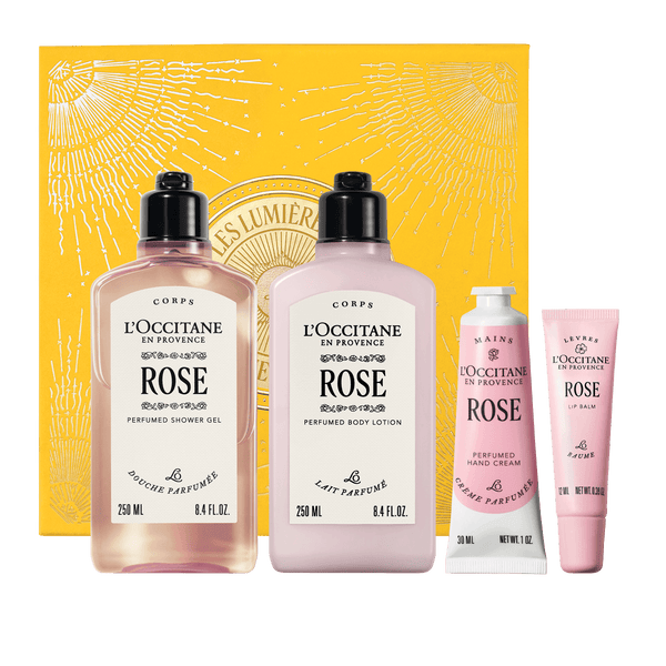 L'Occitane Darilni komplet Rose - prhanje, mleko za telo, nega rok in ustnic