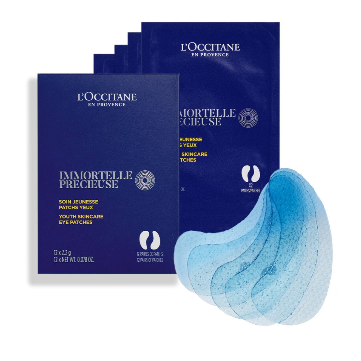 Posamezne vrečke izdelka Žlahtni obliži za kožo pod očmi L'Occitane in razstavljeni obliži