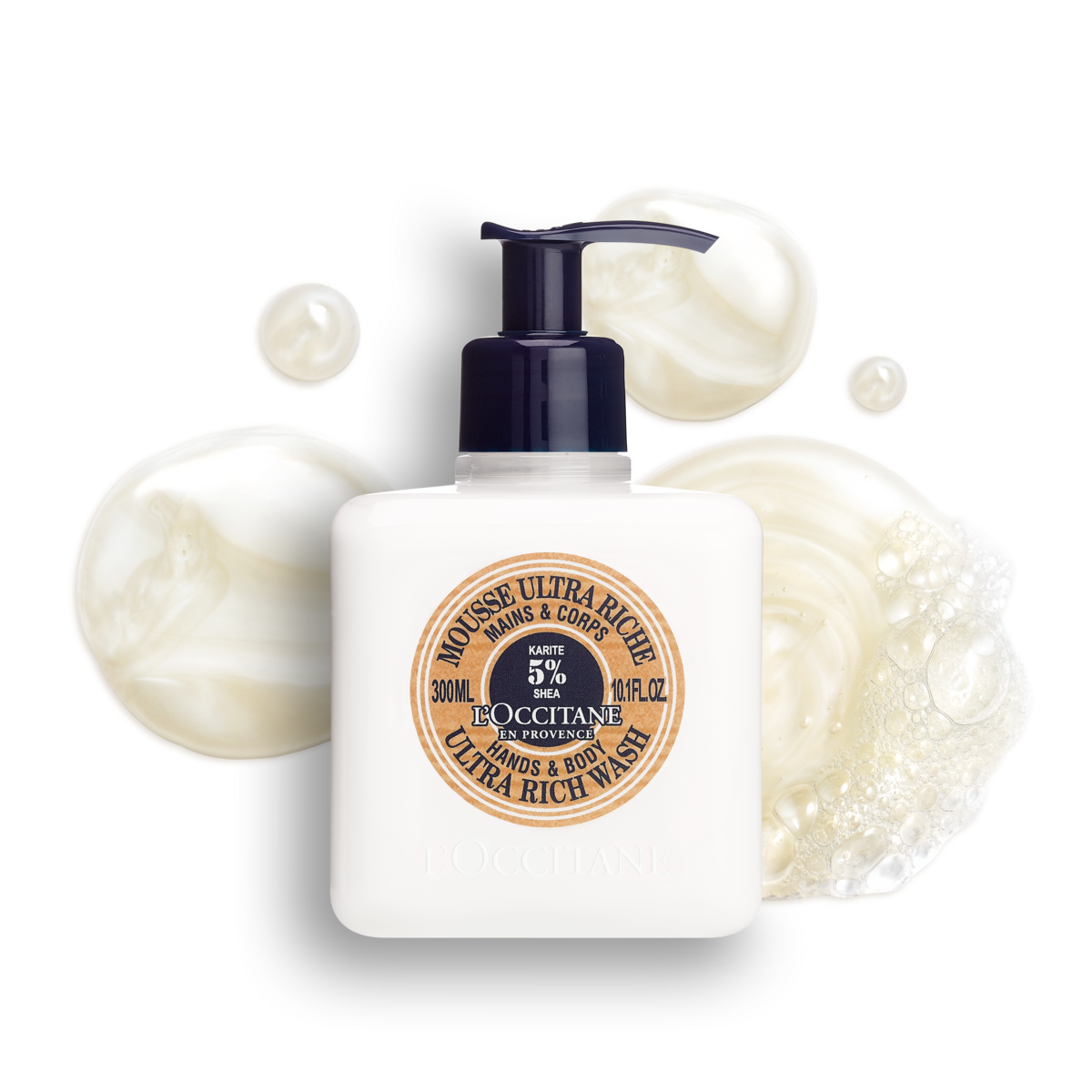 Karitejevo tekoče milo za roke in telo - bela barva in moder potisni pokrovček - tekstura - L'Occitane 