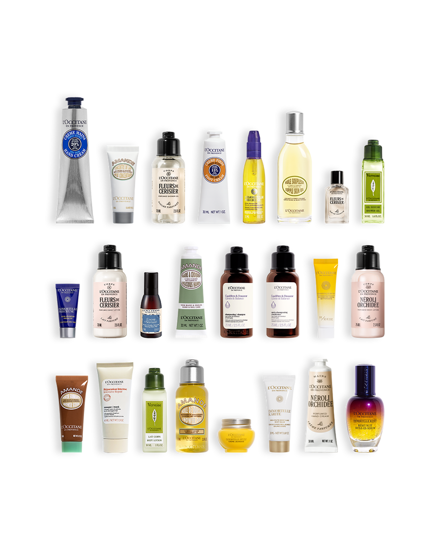 Izdelki v L’Occitanovem kozmetičnem adventnem koledarju 2025 – prodajne uspešnice za nego obraza in telesa 