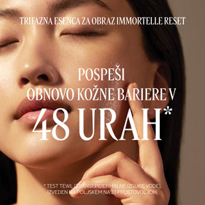 Ženska, ki kaže svetleče gladko lice. Napis statistike čez sliko. L’Occitane.