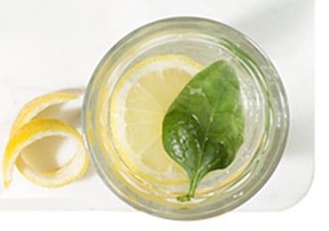 Sveže iztisnjen sok z rezino limone in listom bazilike